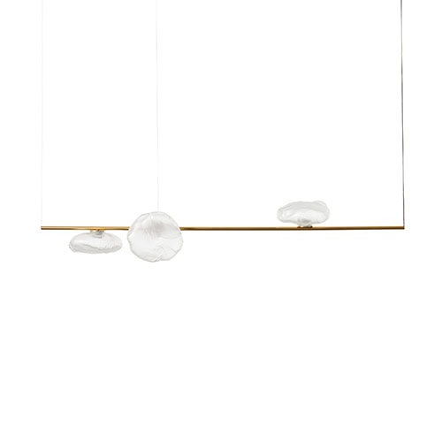Boc Stem Suspension Light shown with a warm brass horizontal bar and three delicate, frosted glass orbs. Suspended by near-invisible wires, the fixture appears to float elegantly against a white background.