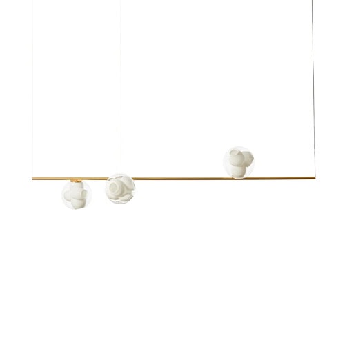 Boc Stem Suspended Ceiling Light features soft white globes mounted on a brass rod, suspended against a crisp white background. The diffused form and light palette offer a minimal, ethereal presence.