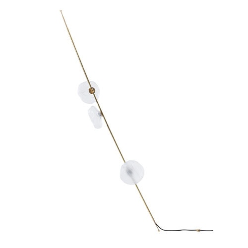 Boc Stem Column Floor Light features a slim brass stem with milky white glass orbs. Its elegant, tilted form adds sculptural balance to refined, contemporary interiors.