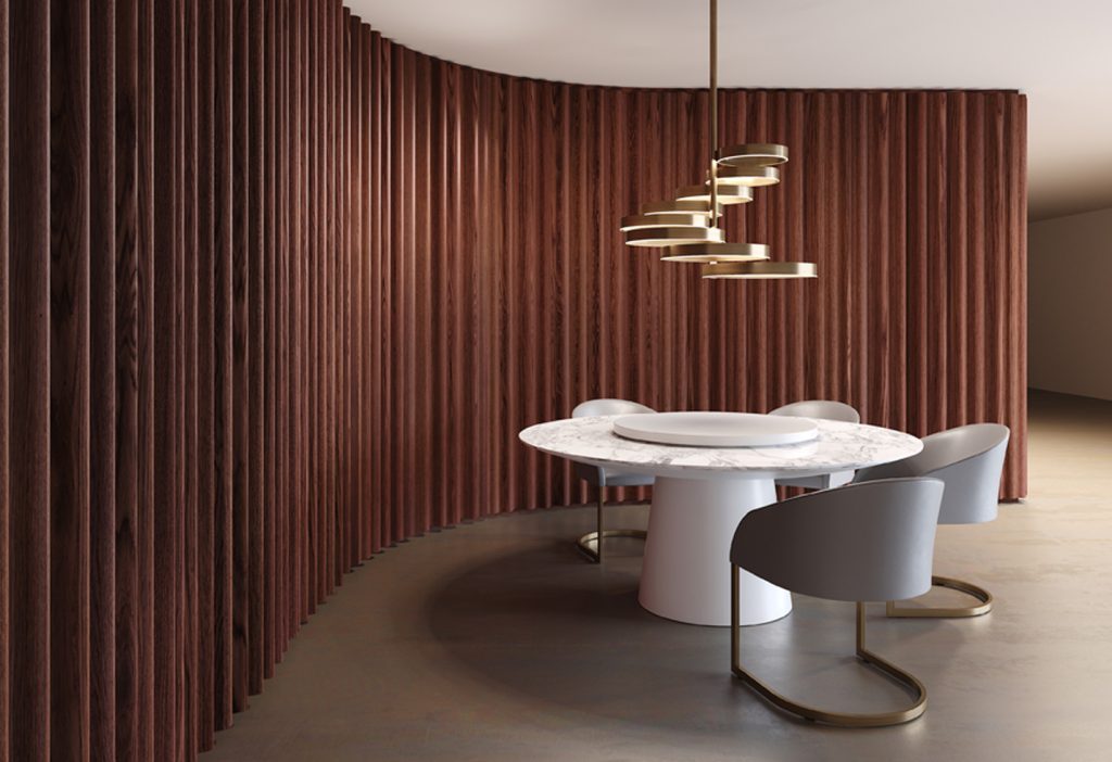 large decorative wall made of a linear wooden base in a caramel brown colour tone in a room
