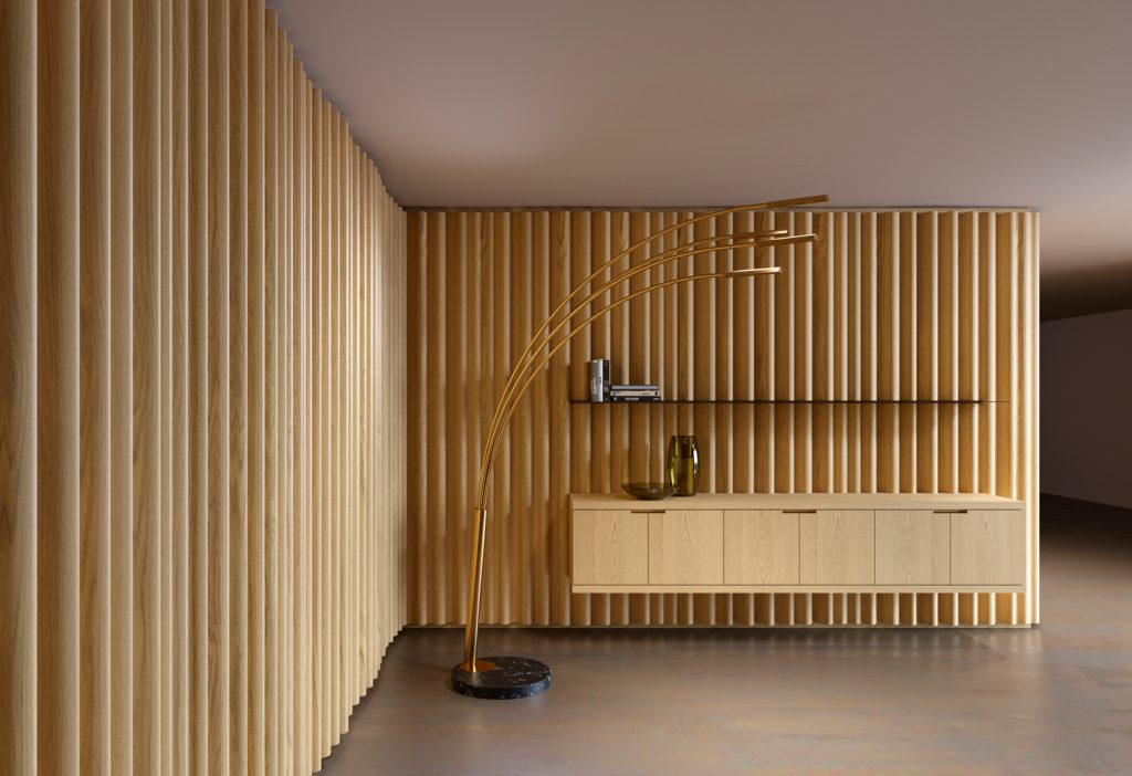 two decorative walls made with wooden panels in the form of horizontal lines in a yellow tone