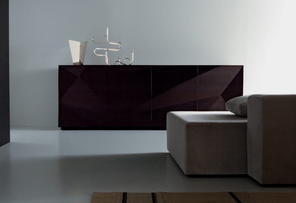 sideboard made of veneered wood base in a brown tone in a living room