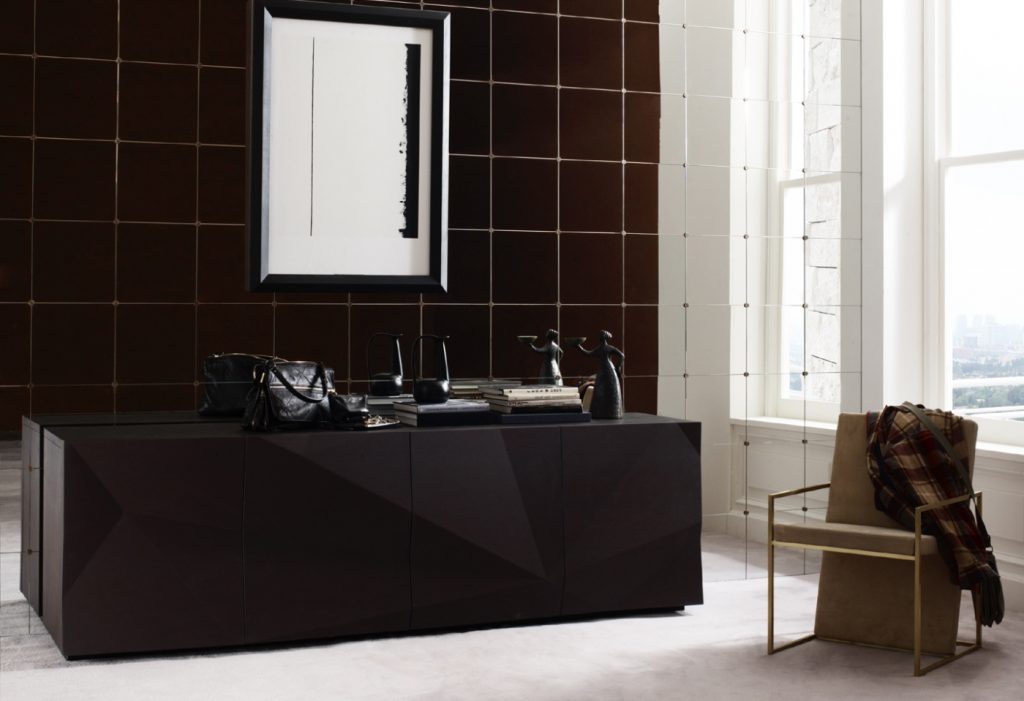 sideboard made of veneered wood base in a brown tone in a living room