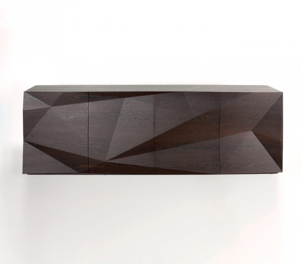 Storage furniture made of a veneered wood base with a 3D design in a brown colour tone on a white background