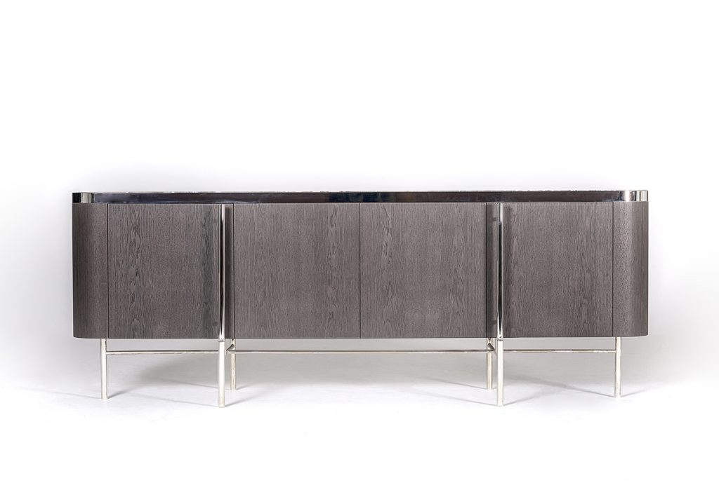 storage furniture made of a wooden base and transparent glass top, steel legs on a white background