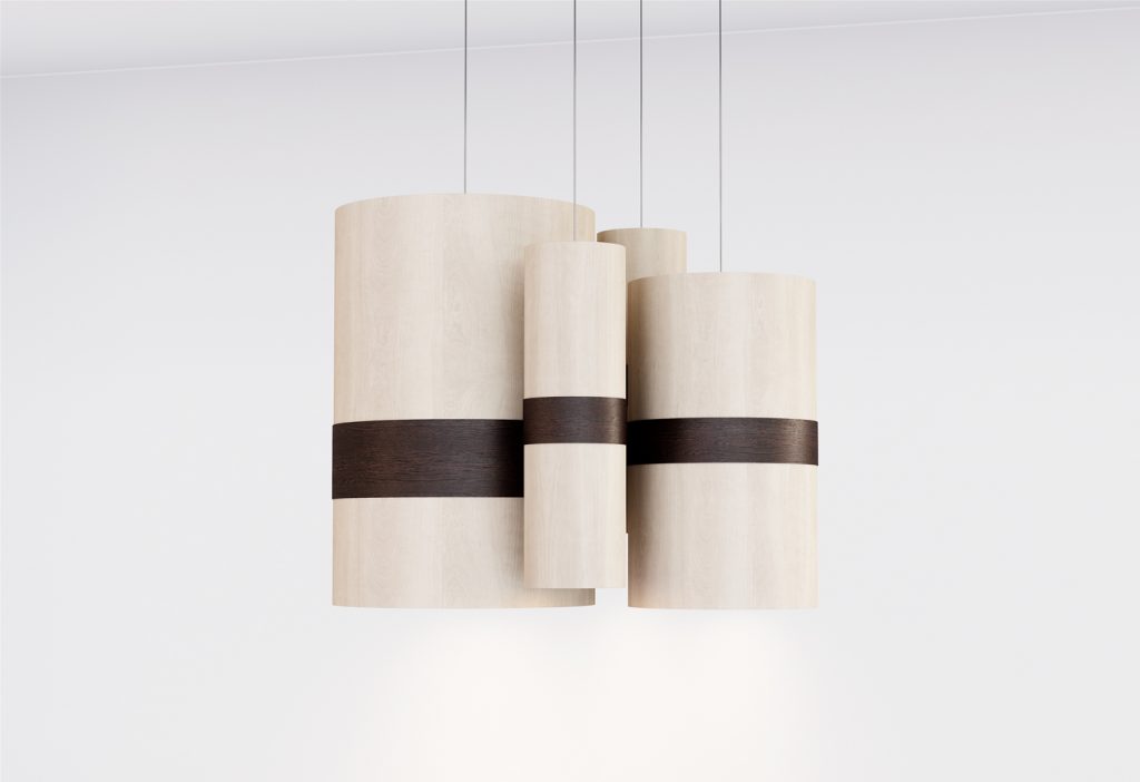 ceiling lamp made of wood in a brown and beige tone on a white background