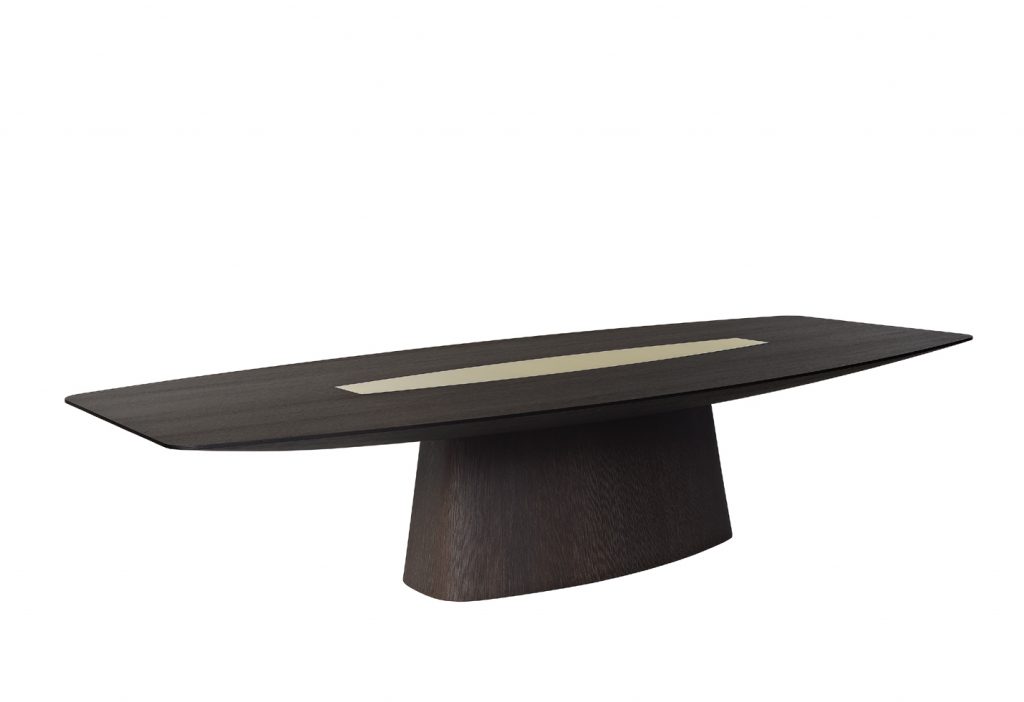 designer table made on a solid wood base in the shape of an oval in a black colour tone with brass details