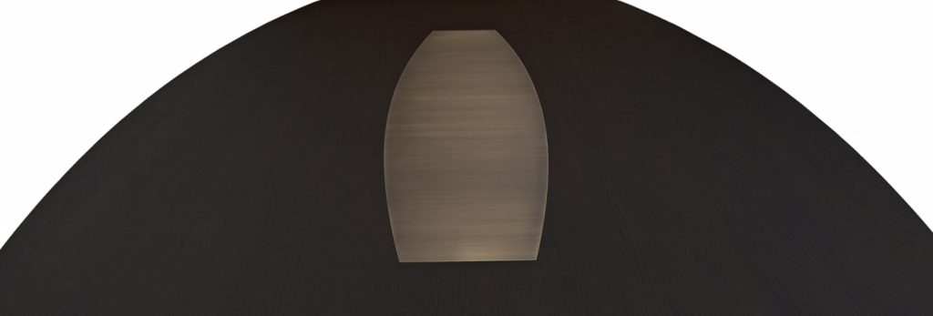 dining table made on a dark brown wooden base and brass detail in the middle on a white background