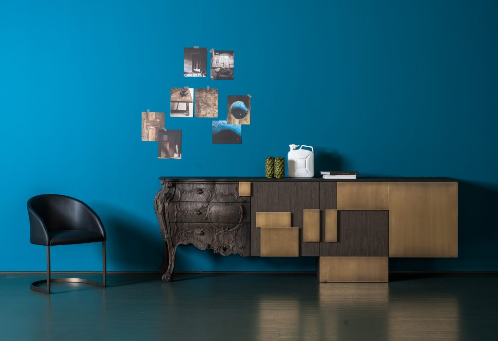 sideboard with an outstanding design on a brown and beige wooden base in a living room