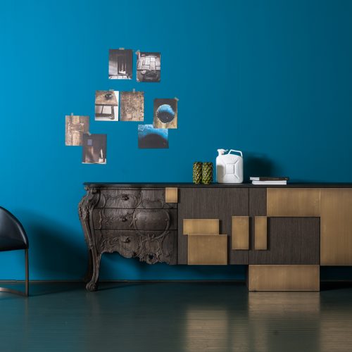 sideboard with an outstanding design on a brown and beige wooden base in a living room