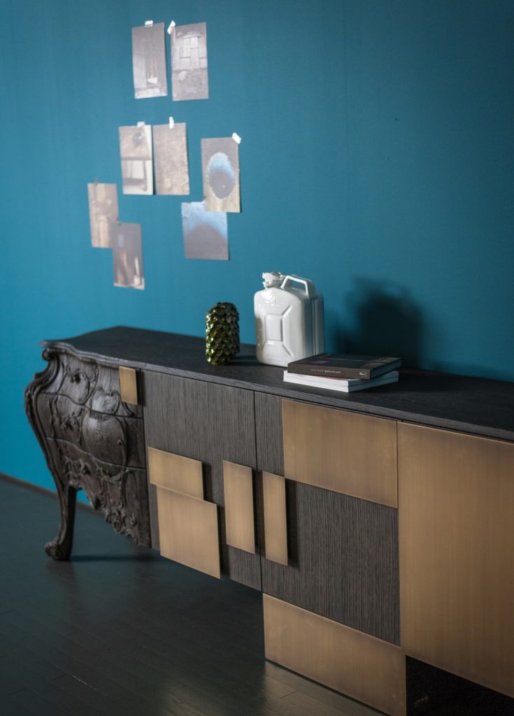 sideboard with an outstanding design on a brown and beige wooden base in a living room