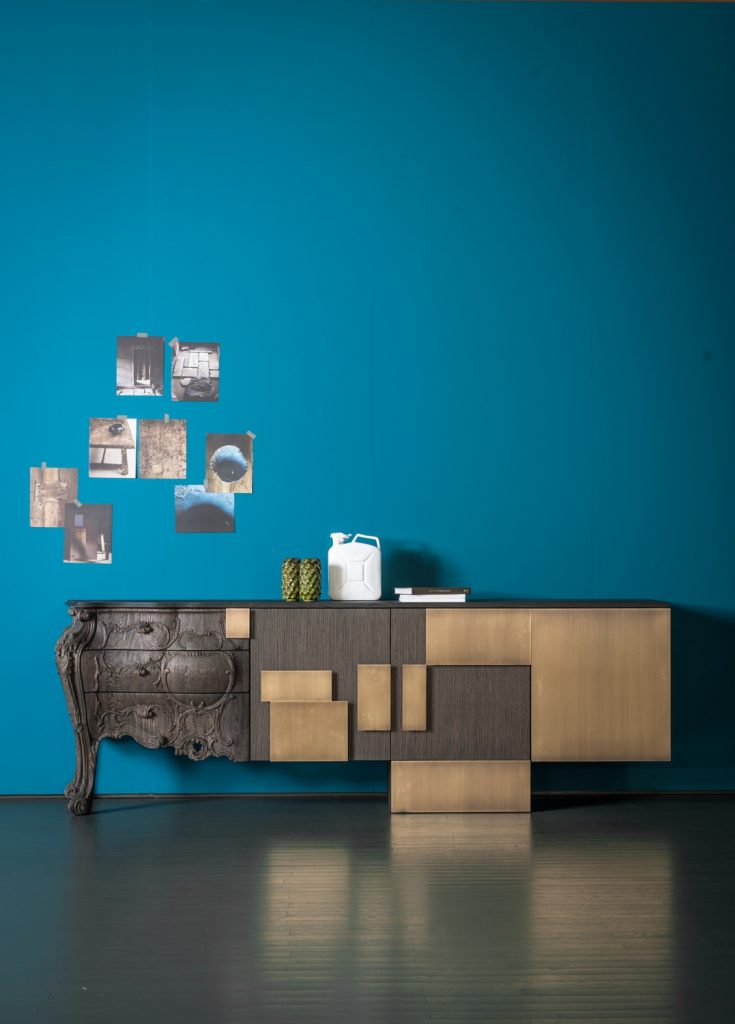 sideboard with an outstanding design on a brown and beige wooden base in a living room