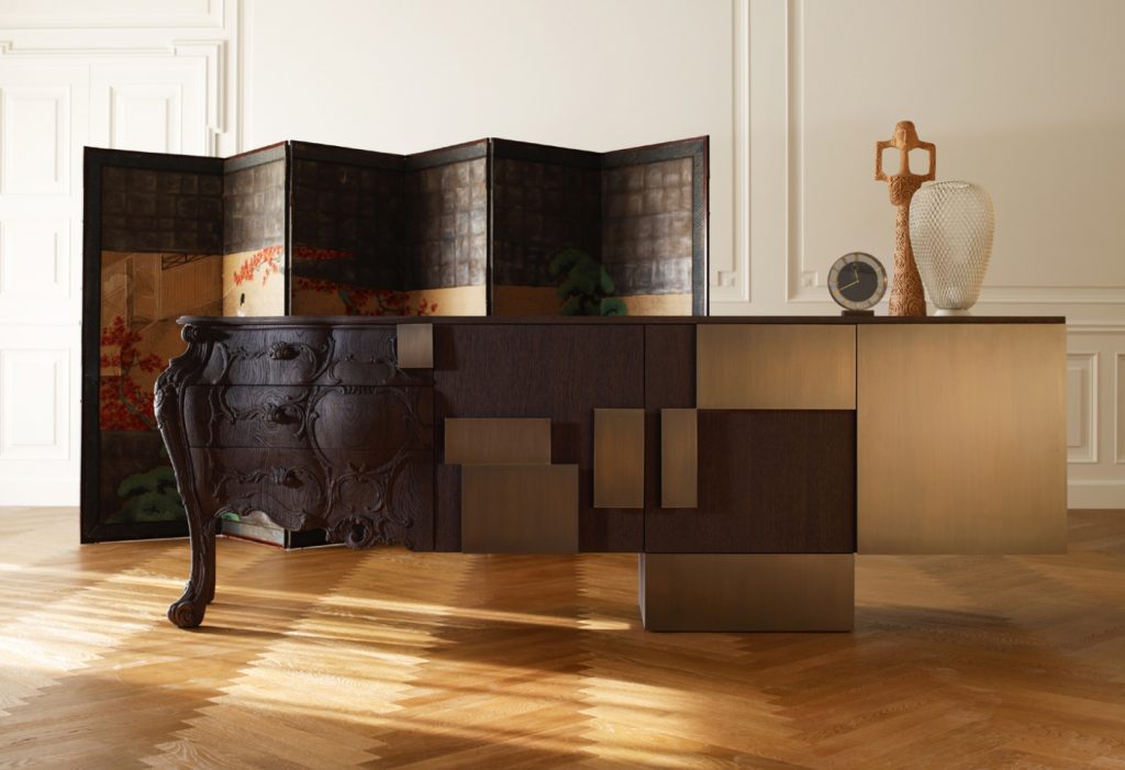 sideboard with an outstanding design on a brown and beige wooden base