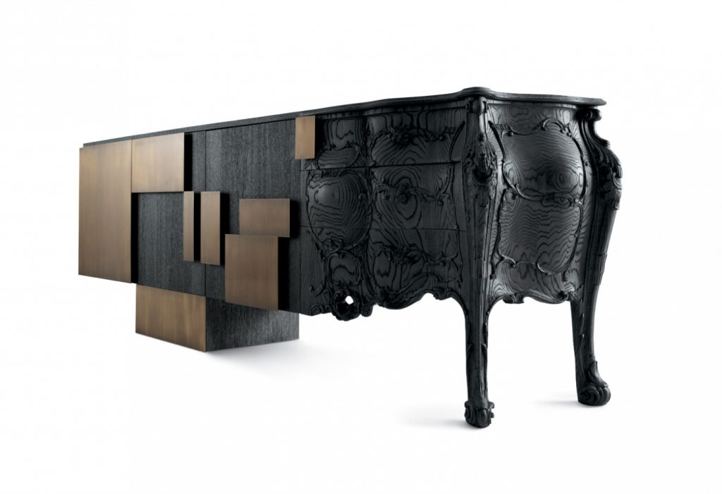 sideboard with an outstanding design on a brown and beige wooden base on a white background