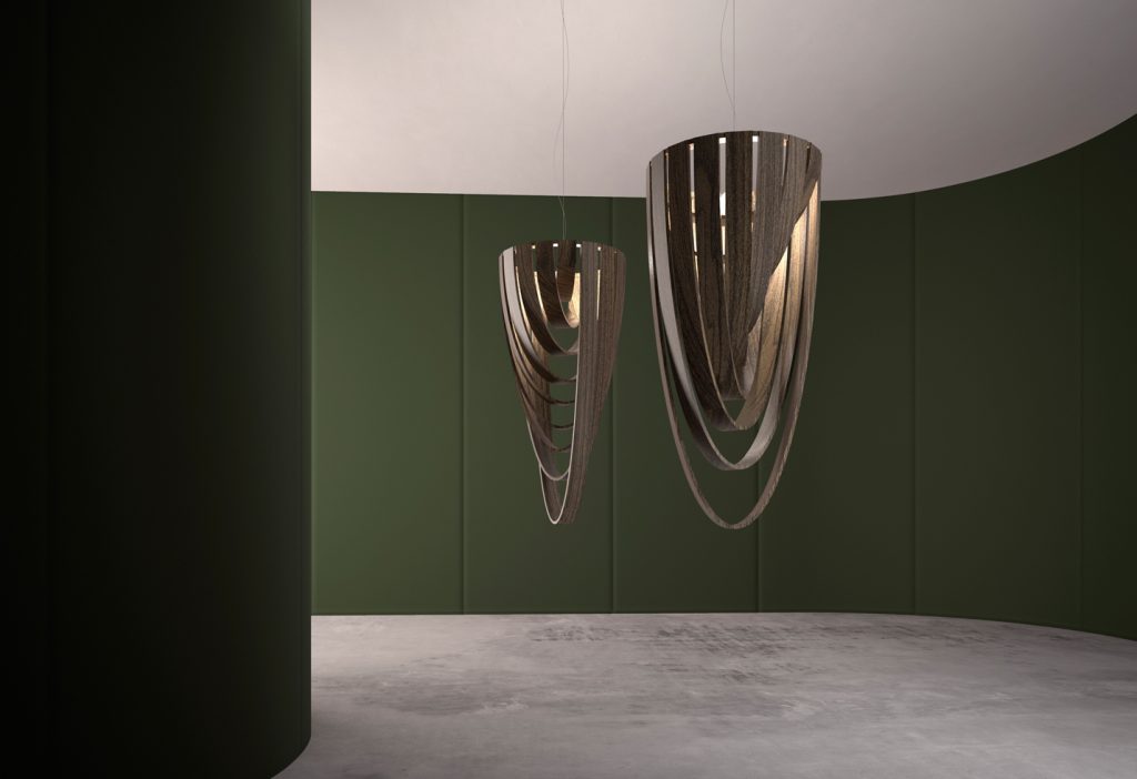 Two large lamps made of brass slats in a bronze-colored tone in a living room