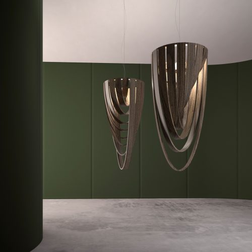 Two large lamps made of brass slats in a bronze-colored tone in a living room