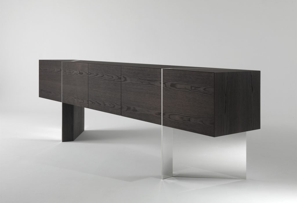 sideboard made of veneered plywood and a glass shelf made in a black colour on a white background