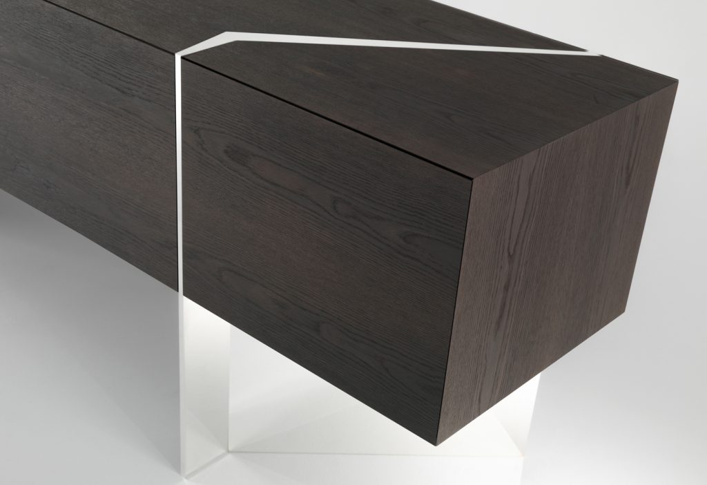 sideboard made of black-coloured wood with a glass shelf on a white background