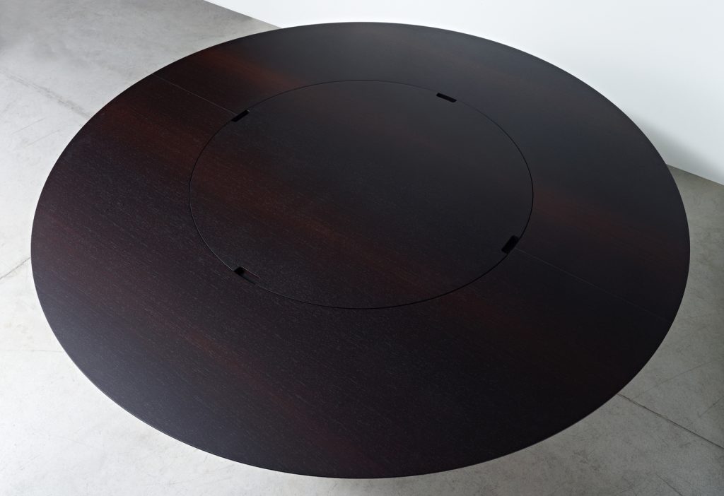 table top made of a wooden base in a flamed dark brown colour tone