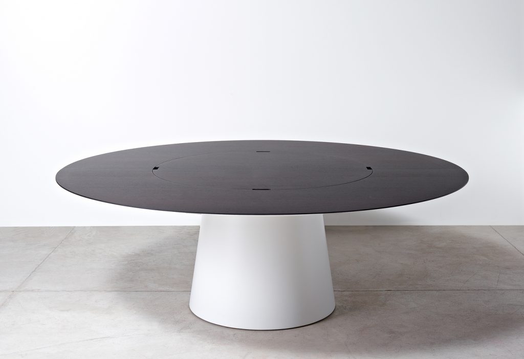 coffee table made of a two-tone wooden base in white and grey on a white background