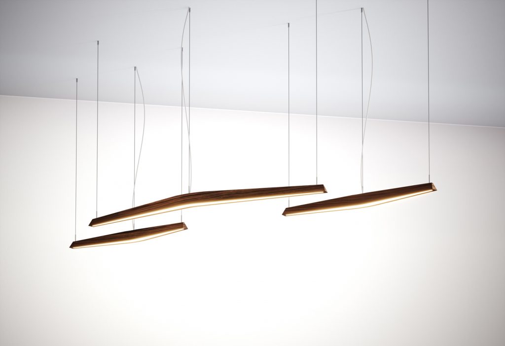 Three ceiling lamps made of brass base in the form of strips in a bronze colour tone on a white background