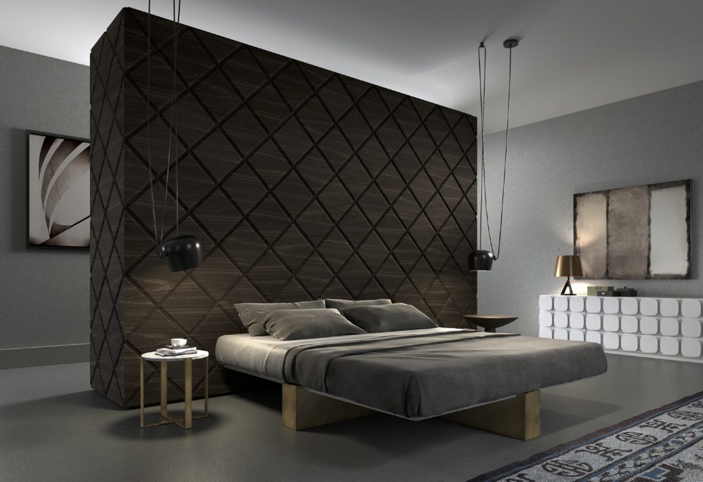 Double bed without headboard made on an oak wood base (without mattress) in a brown colour tone in a room