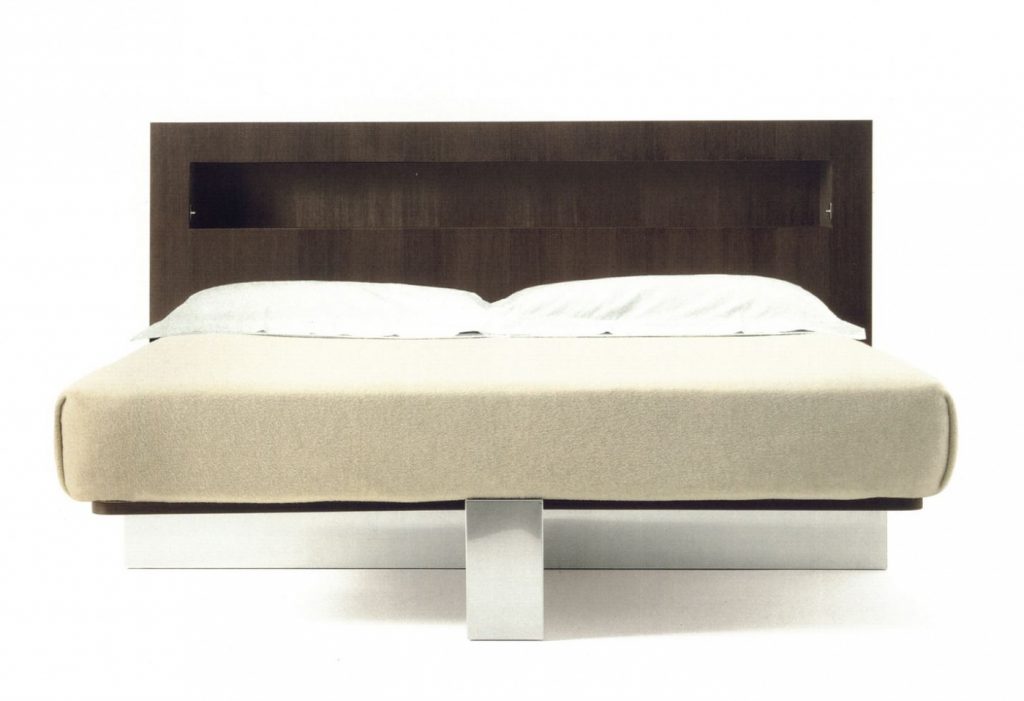 Double bed without headboard made on an oak wood base (without mattress) in a white colour tone on a white background