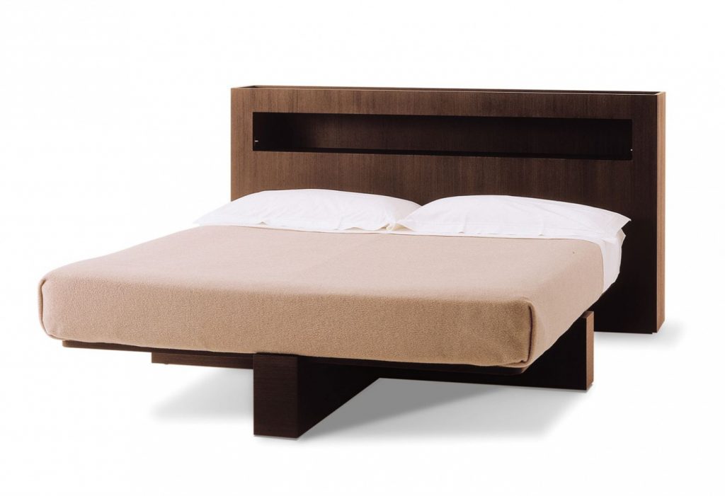 Double bed without headboard made on an oak wood base (without mattress) in a white colour tone on a white background