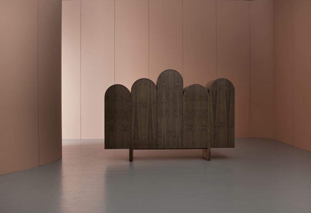 wooden unit with rounded exterior storage in a brown tone