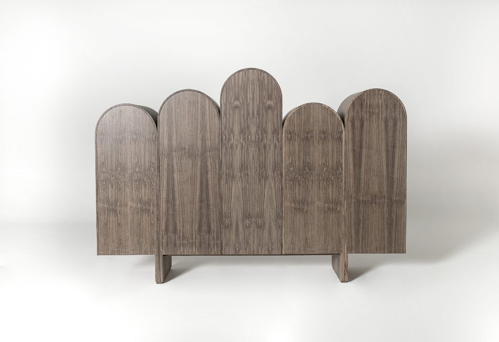 wooden unit with rounded exterior storage in a brown tone on a white background