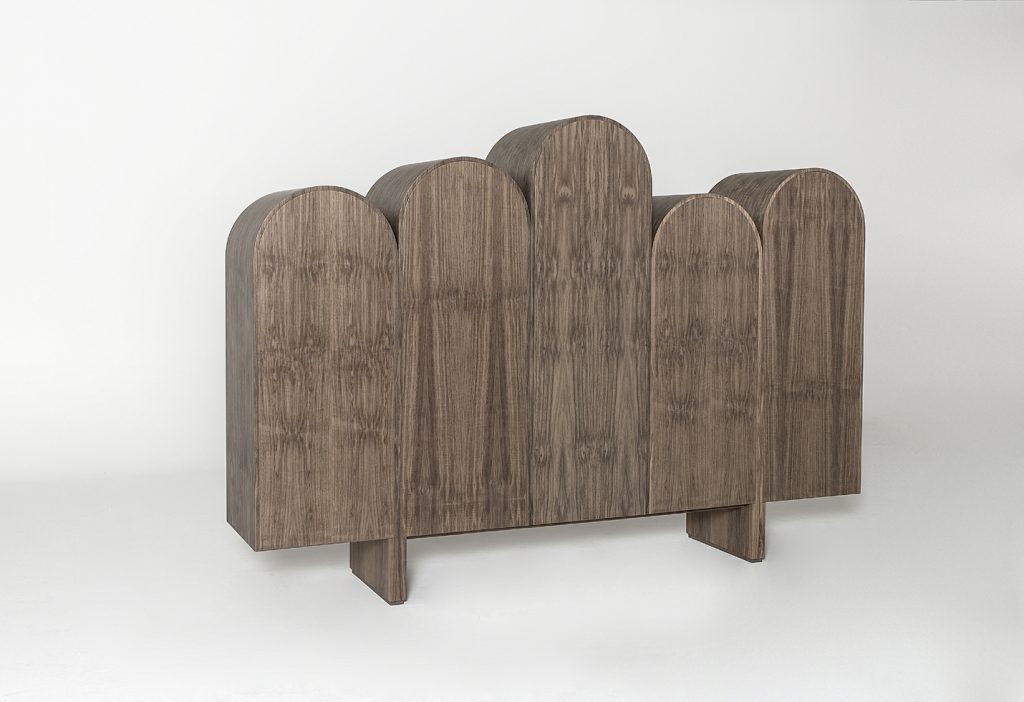wooden unit with rounded exterior storage in a brown tone on a white background