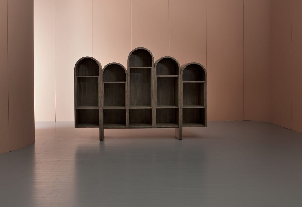 wooden unit with rounded exterior storage in a brown tone