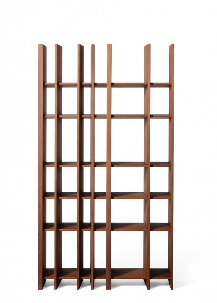 Partition/bookcase made of a wooden base in a brown colour on a white background