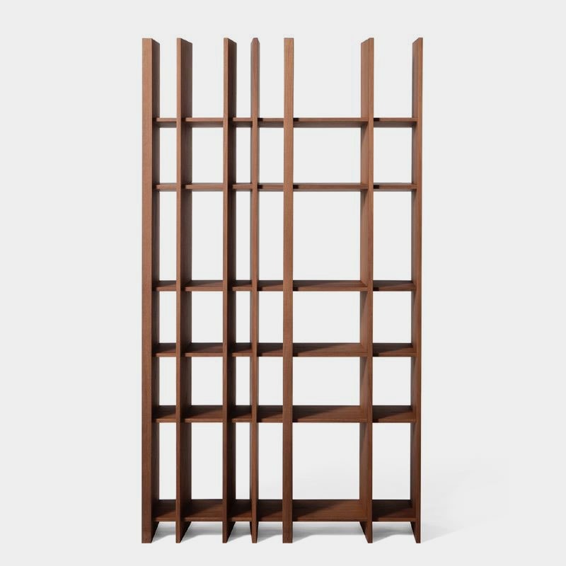 Partition/bookcase made of a wooden base in a brown colour on a white background