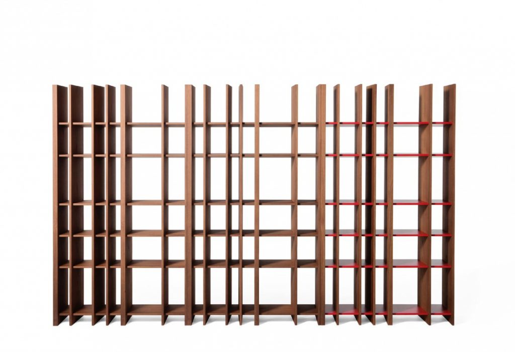 Partition/bookcase made of a wooden base in a brown colour on a white background