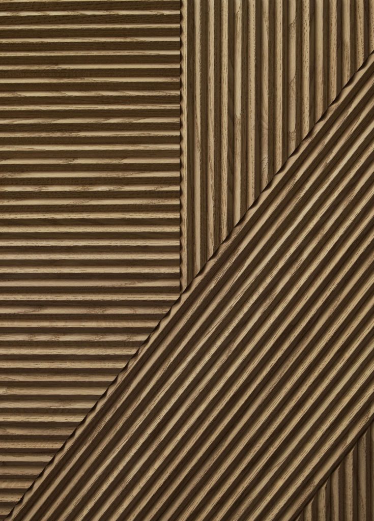 Closeup of Stripes Cabinet: Large cabinet with brown vertical striped pattern and multiple drawers.