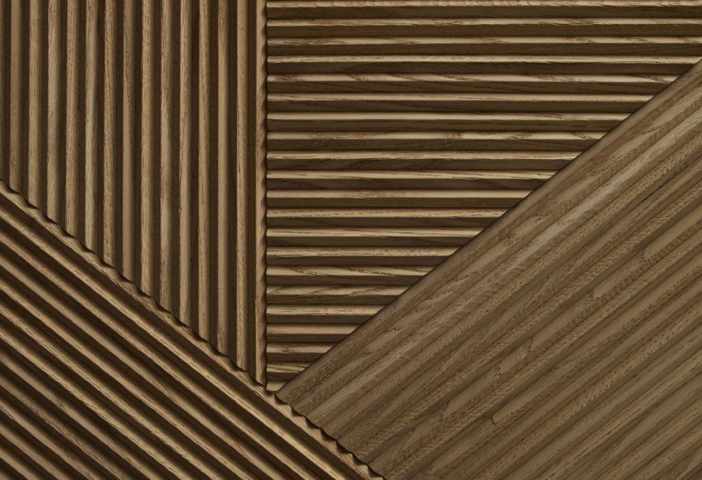 Closeup of Stripes Cabinet: Large cabinet with brown vertical striped pattern and multiple drawers.