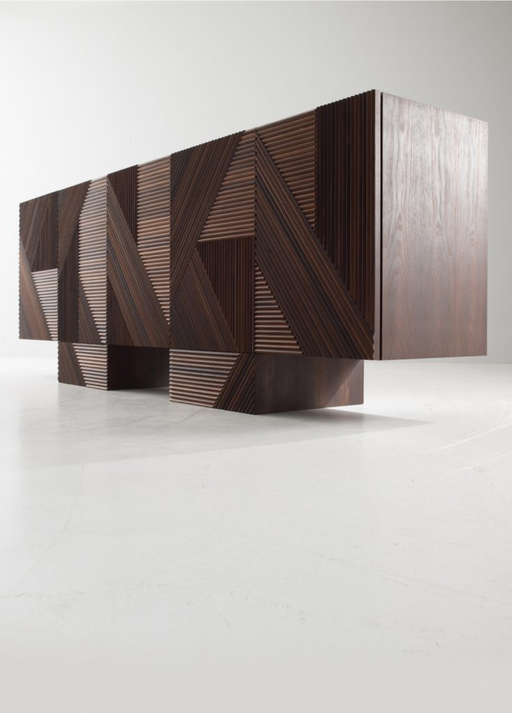 Stripes Cabinet: Large cabinet with brown vertical striped pattern and multiple drawers on a white background.