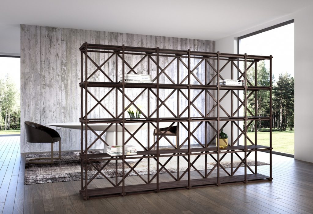 Shelving made on the basis of solid wood beams in brown tones