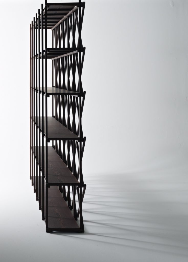 Shelving made on the basis of solid wood beams in brown tones on a white background