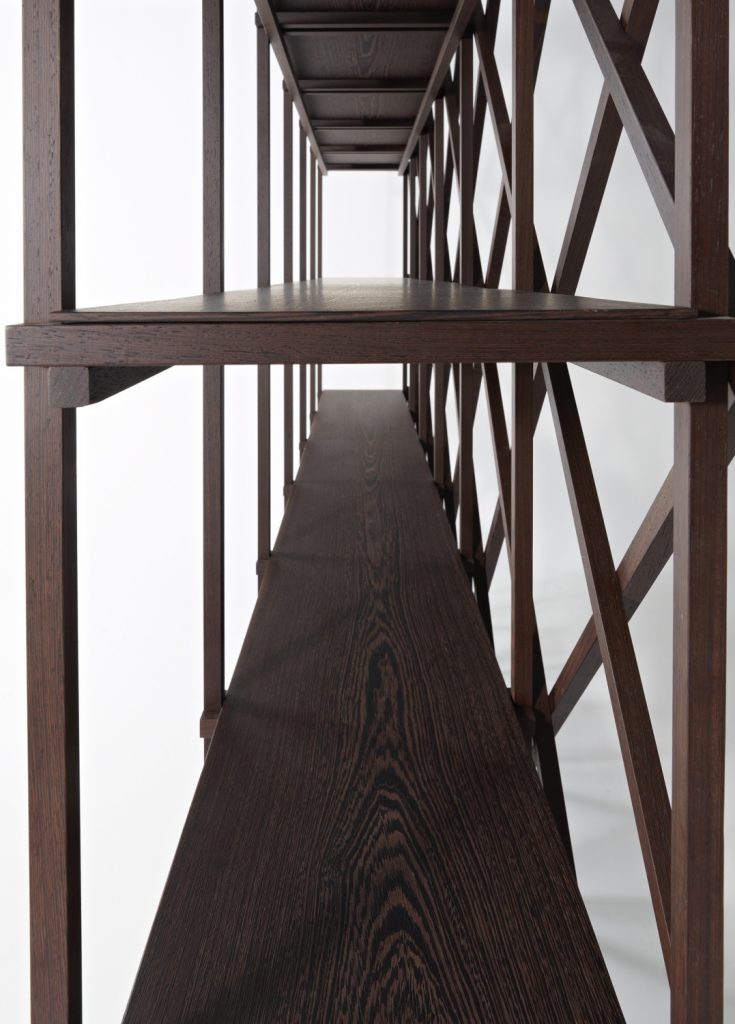 Shelving made on the basis of solid wood beams in brown tones on a white background