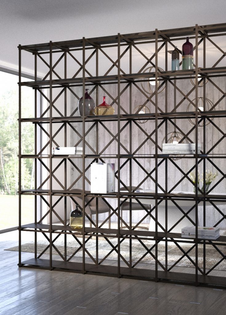 Shelving made on the basis of solid wood beams in brown tones