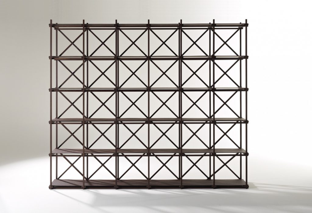 Shelving made on the basis of solid wood beams in brown tones on a white background