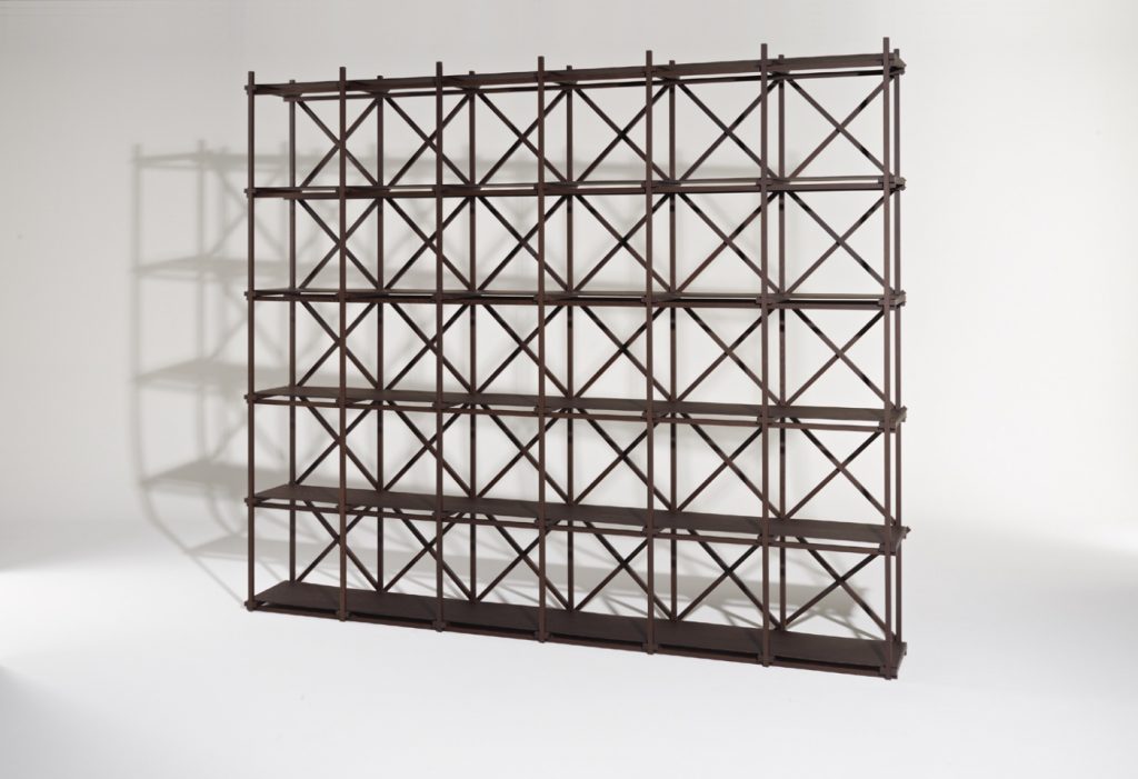 Shelving made on the basis of solid wood beams in brown tones on a white background
