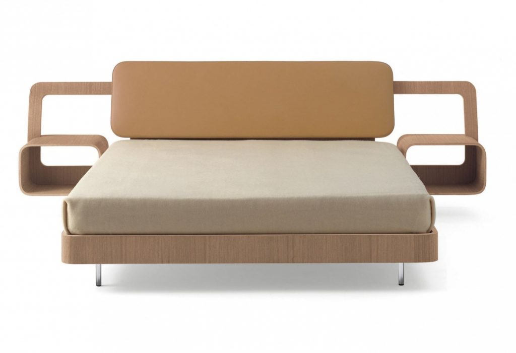 Bed made of a wooden base covered in leather in a white and yellow colour tone on a white background