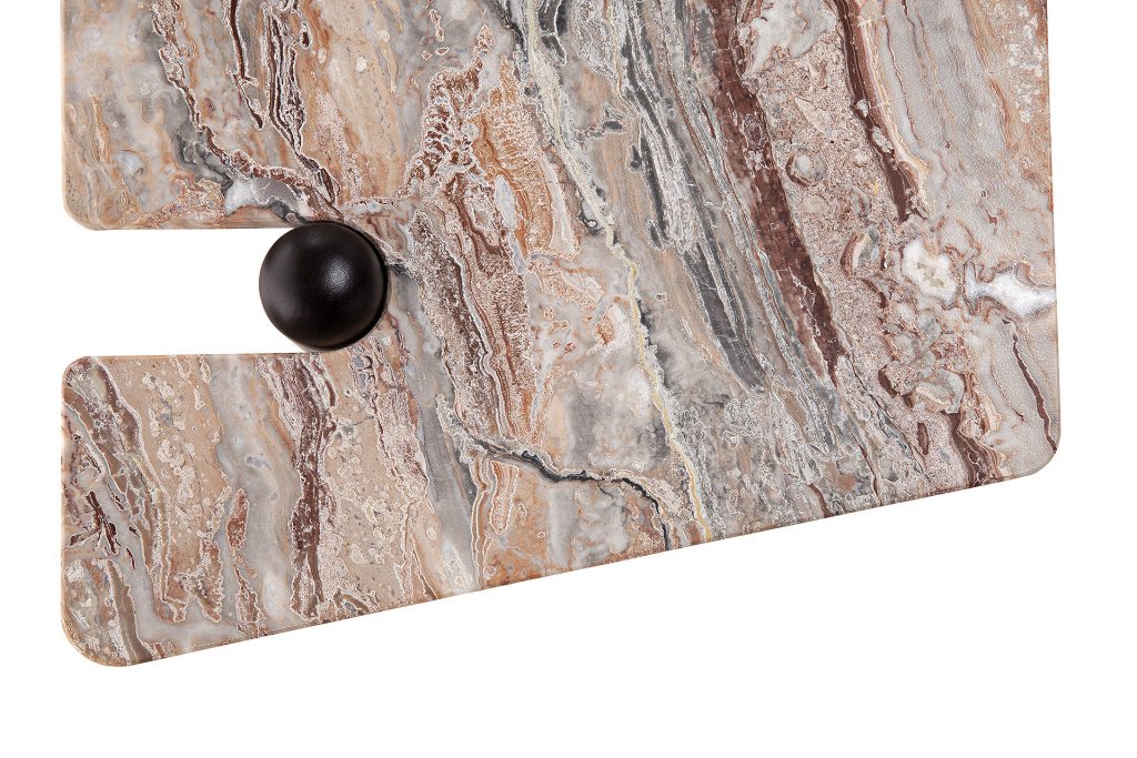 Closeup of Caprera Coffee Table. Brown stone square top with four sleek brown legs on a white background.