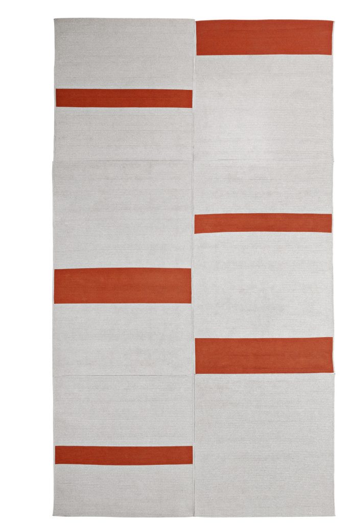 10th Carpets: Rectangular rug with rectangles pattern in red and gray colors on a white background.