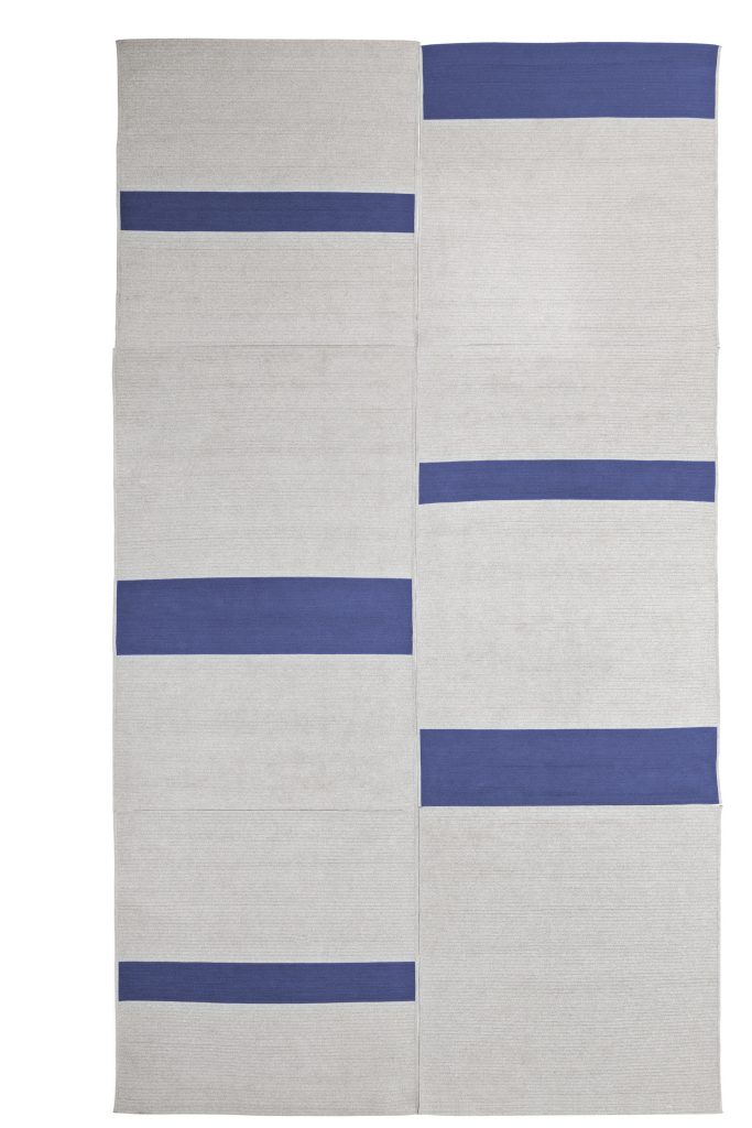 10th Carpets: Rectangular rug with rectangles pattern in blue and gray colors on a white background.