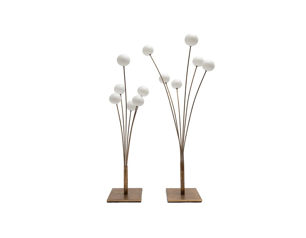 Two 10th Mazzo di Fiori Floor Lights with multiple slender, branching stems and small, light-colored diffusers are shown against a white background; each light is mounted on a square, dark-colored base