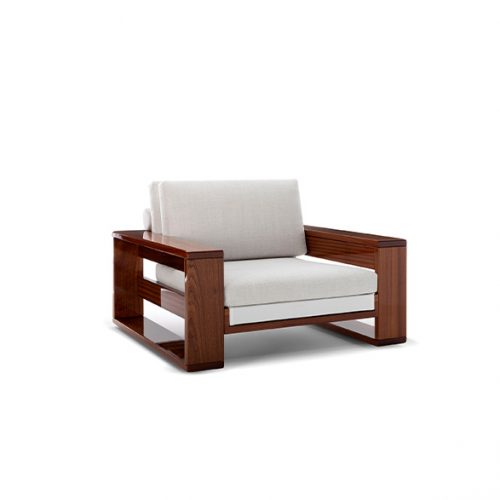 A Bellagio Outdoor Armchair with a dark wood frame and white cushions is shown at a distance against a white background